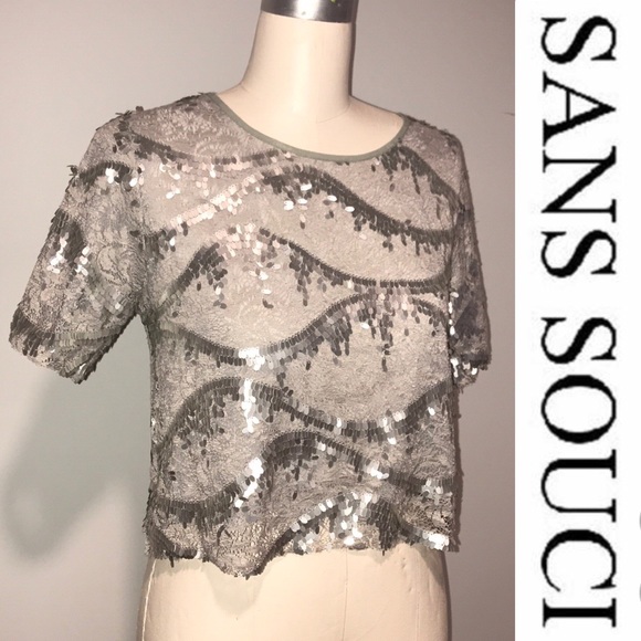 SANS SOUCI Gray Sequined Crop Top sz Med - Picture 1 of 8